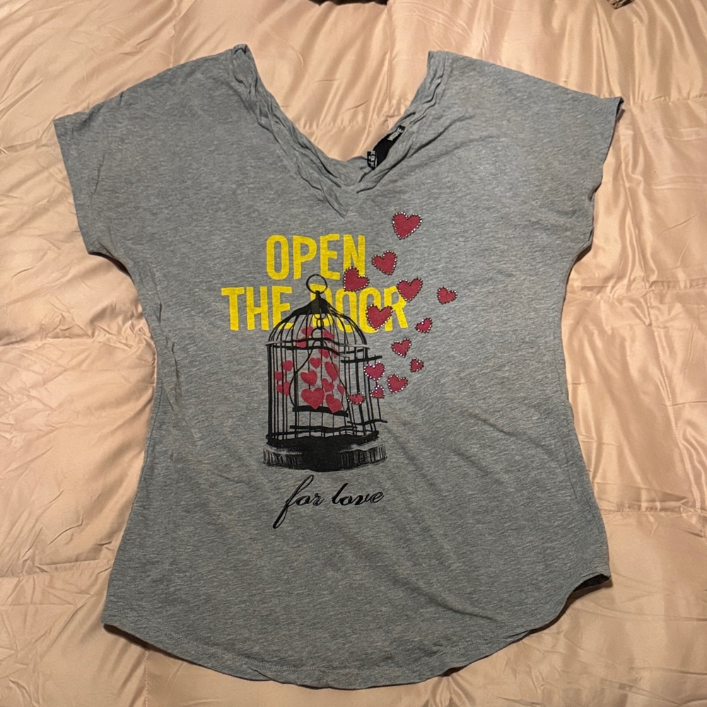 Love Moschino Gray Tee with Heart and Birdcage Design
